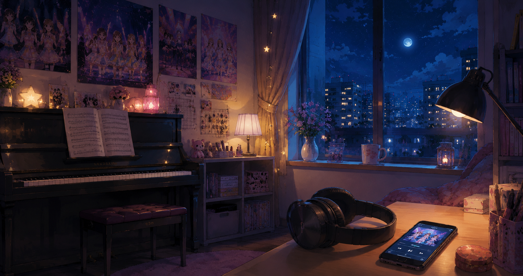 Yuki's bedroom with piano and J-pop posters