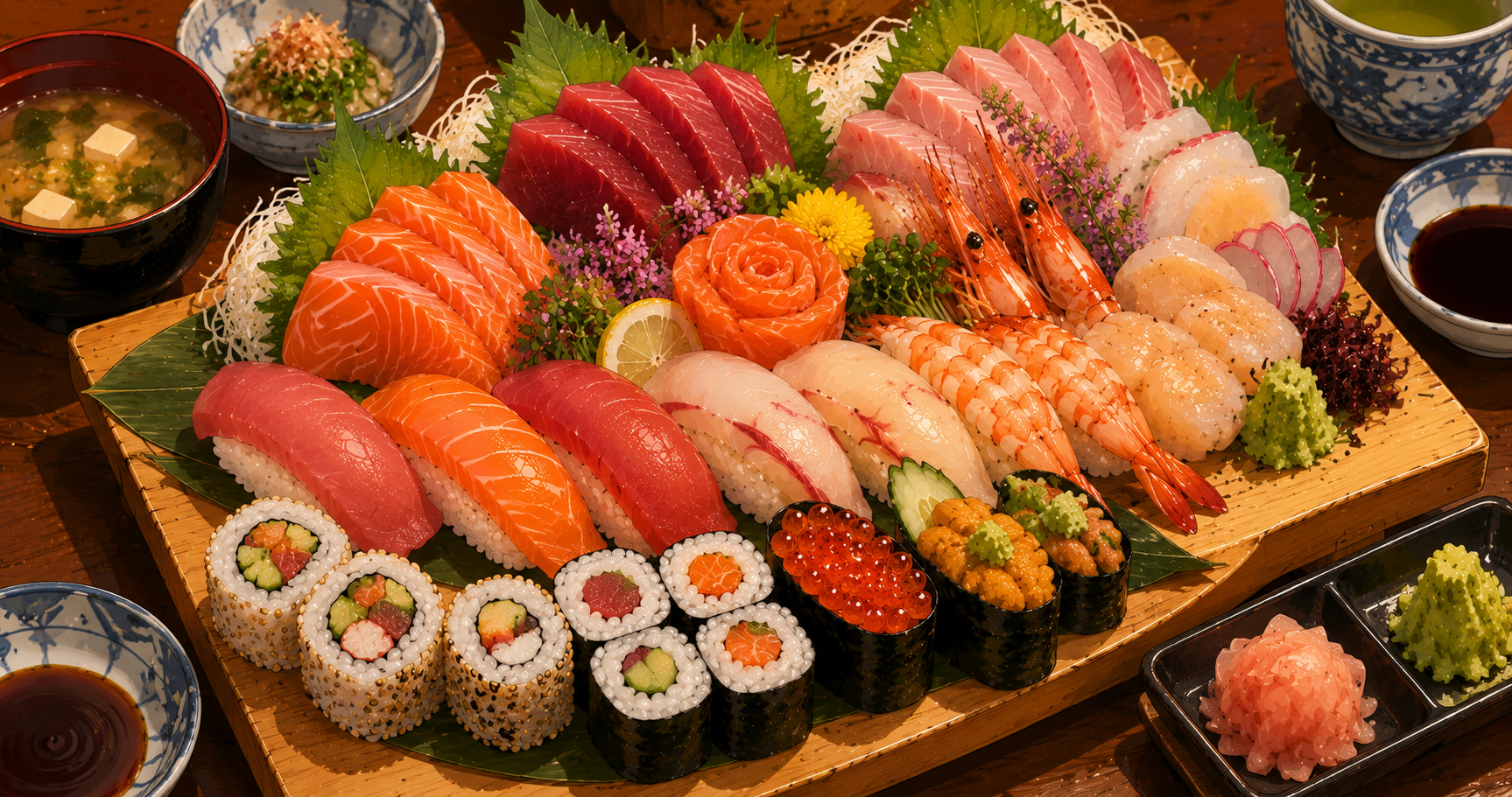 Japanese sushi and sashimi spread